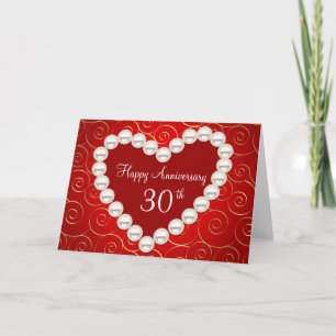 Tarjeta Aniversario de perla falsa impresa roja y dorada