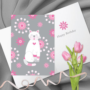 Tarjeta Aniversario de un gato blanco y chiflado