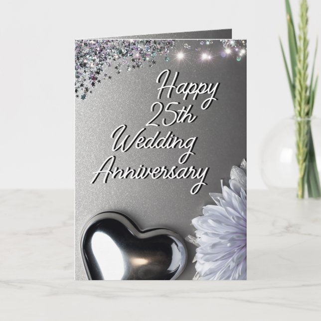 Tarjeta Aniversario del 25° Boda de Sleek Silver Heart (Anverso)