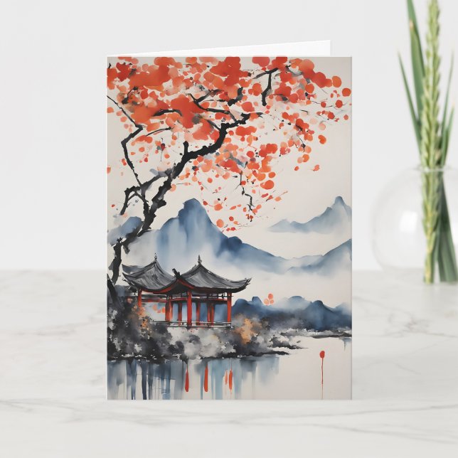 Tarjeta Aniversario del árbol de otoño y del templo (Anverso)