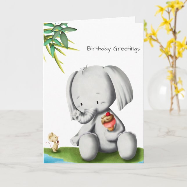 Tarjeta Aniversario del bebé del elefante (flor amarilla)