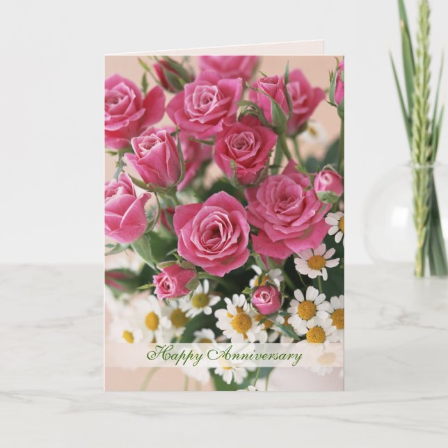 Tarjeta Aniversario del boda - rosas y daisies-camóiles (Anverso)