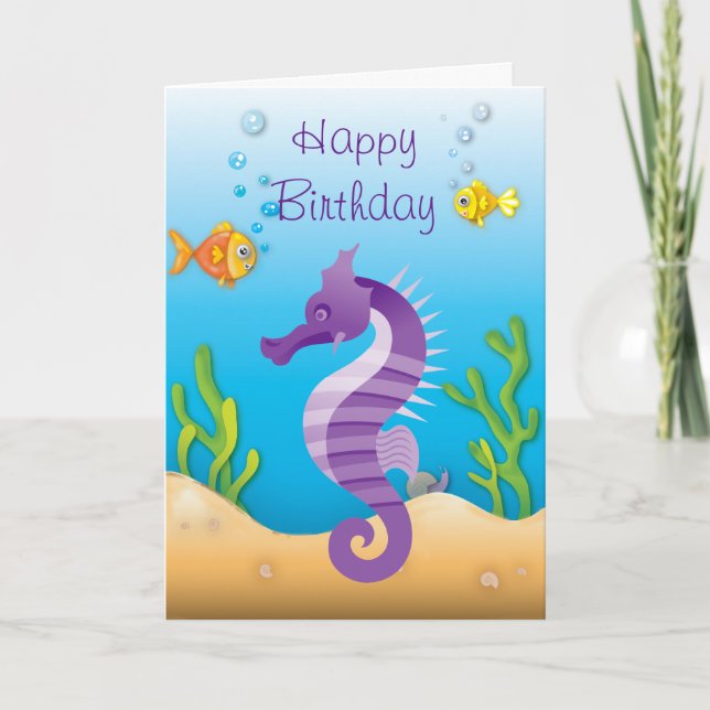 Tarjeta Aniversario del caballito de mar morado subacuátic (Anverso)