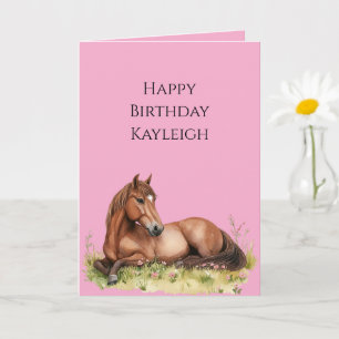 Tarjeta Aniversario del Caballo Marrón Rosa
