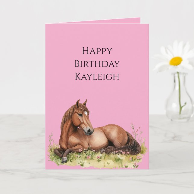 Tarjeta Aniversario del Caballo Marrón Rosa (Planta pequeña)