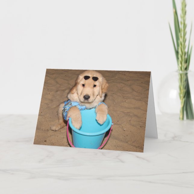 Tarjeta Aniversario del Cachorro de la Playa Golden Retrie (Anverso)
