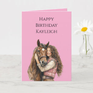 Tarjeta Aniversario del Chica del pelo de Pink Brown Horse