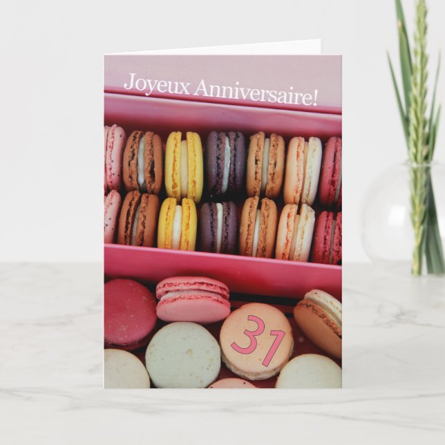 Tarjeta ¡Aniversario del cumpleaños 31 de Francia Macaron- (Anverso)