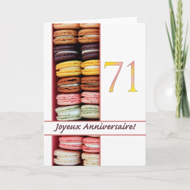 Tarjeta ¡Aniversario del cumpleaños 71 de Francia Macaron- (Anverso)