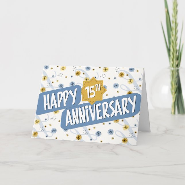 Tarjeta Aniversario del empleado 15 años Patrón blanco azu (Anverso)