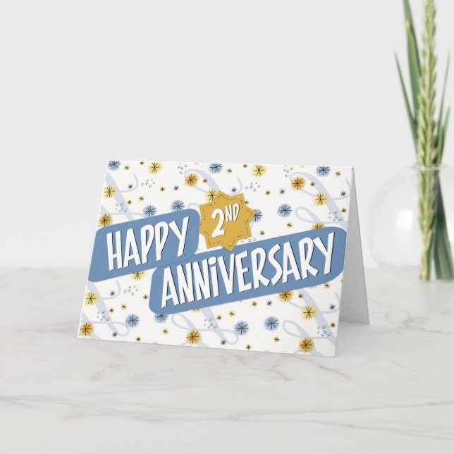 Tarjeta Aniversario del empleado 2 años Patrón blanco azul (Anverso)