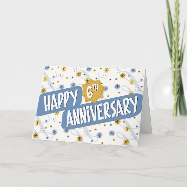 Tarjeta Aniversario del empleado 6 años Patrón blanco azul (Anverso)