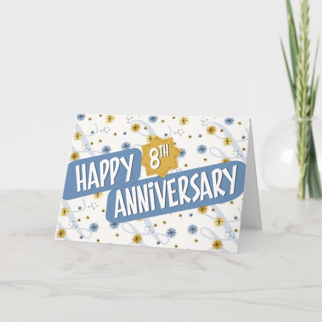 Tarjeta Aniversario del empleado 8 años Patrón blanco azul (Anverso)