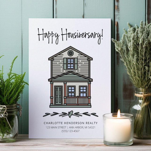 Tarjeta Aniversario del Hogar de Feliz Cliente Housiversar (Happy Housiversary cards for real estate clients first year home anniversary.)