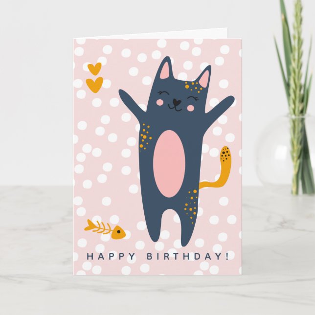 Tarjeta Aniversario del nacimiento de niños rosados de gat (Anverso)
