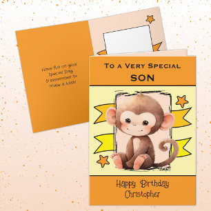 Tarjeta Aniversario del naranja de niños de mono especial