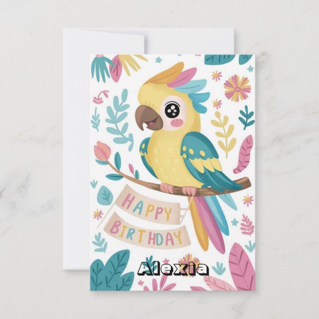 Tarjeta Aniversario digital del loro infantil editable (Anverso)