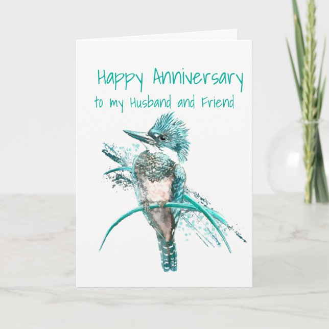 Tarjeta Aniversario Esposo y amigo Kingfisher Arte de Aves (Anverso)