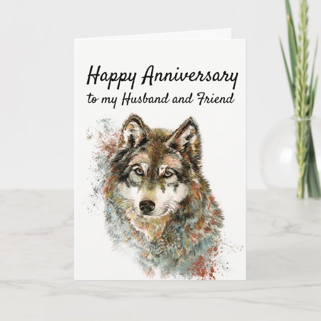 Tarjeta Aniversario Esposo y amigo Wolf Animal Art (Anverso)