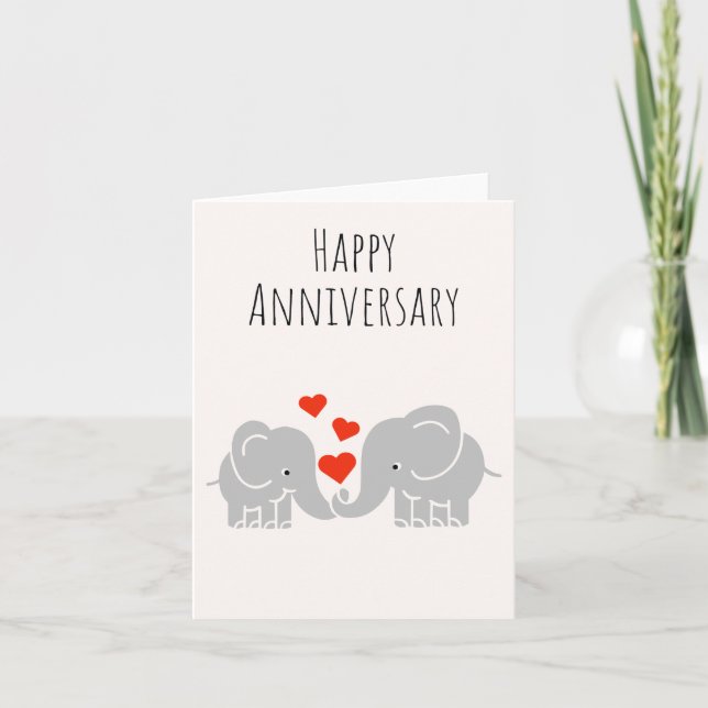 Tarjeta Aniversario feliz- Cuta pareja de elefantes (Anverso)