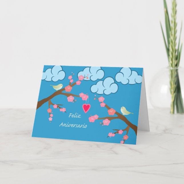 Tarjeta Aniversario feliz de Boda en español, aves primave (Anverso)