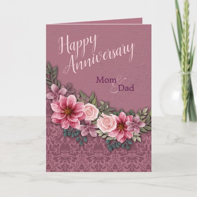 Tarjeta Aniversario feliz de mamá papá Roses rosados rojos (Anverso)