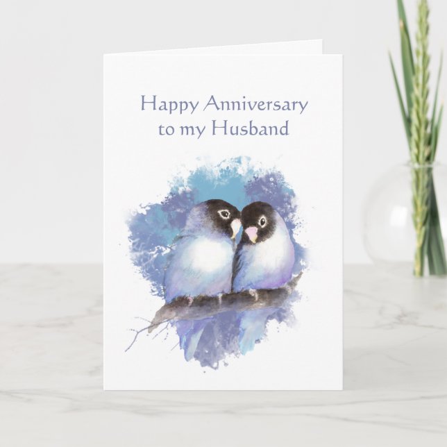 Tarjeta Aniversario feliz del esposo Aves de amor azules (Anverso)