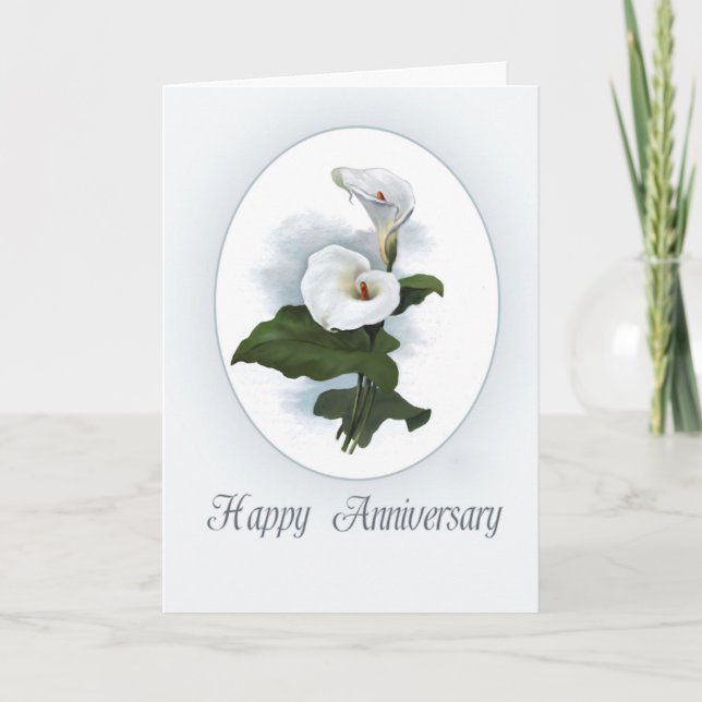 Tarjeta Aniversario feliz, elegante lirio de Calla blanca (Anverso)