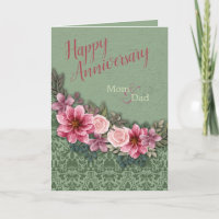 Aniversario feliz: Padres rojos en damasco verde