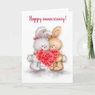 Tarjeta Aniversario feliz, pareja de conejos con corazón