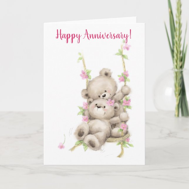Tarjeta Aniversario feliz, pareja de osos en movimiento (Anverso)
