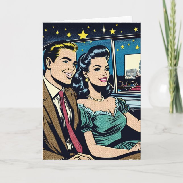 Tarjeta Aniversario feliz | Pareja retro en película Drive (Anverso)