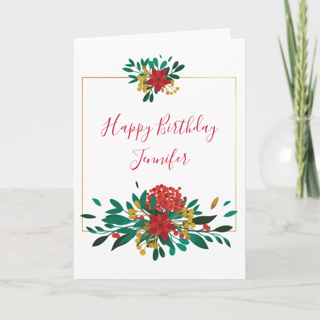Tarjeta Aniversario floral de los Navidades de oro y verde (Anverso)