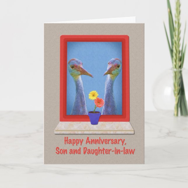 Tarjeta Aniversario, hijo y cuñada, grullas (Anverso)