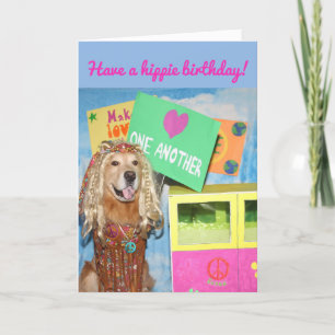 Tarjeta Aniversario Hippie de Golden Retriever