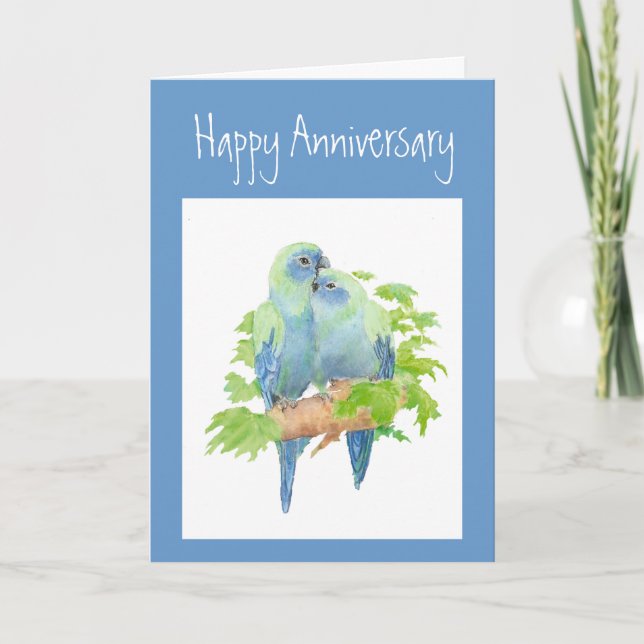 Tarjeta Aniversario, loros, pájaro tropical (Anverso)