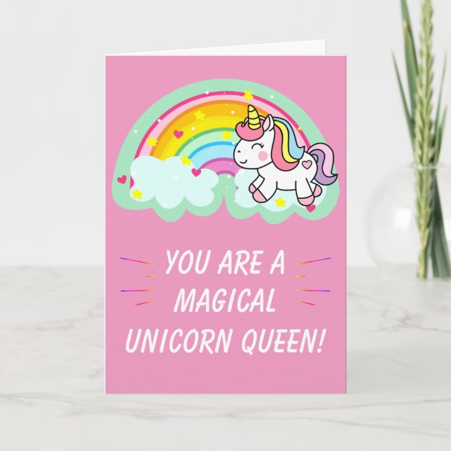 Tarjeta Aniversario mágico lindo de reina de unicornio ros (Anverso)