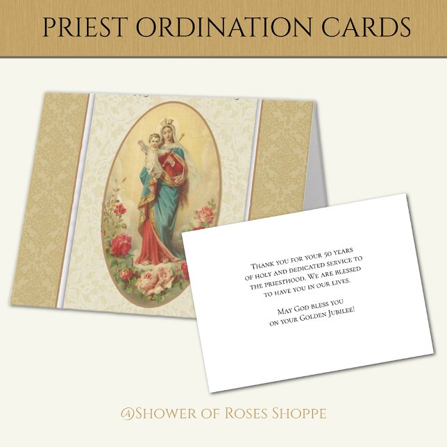 Tarjeta Aniversario número 50 de ordenación Santa Virgen M (Beautiful Catholic Priest Deacon ordination cards - Easy to personalize!)