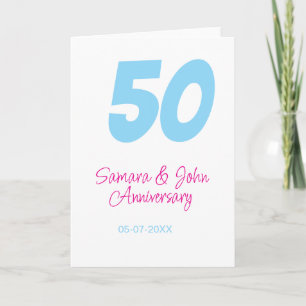 Tarjeta aniversario número 50 negrita azul rosa nombre fec
