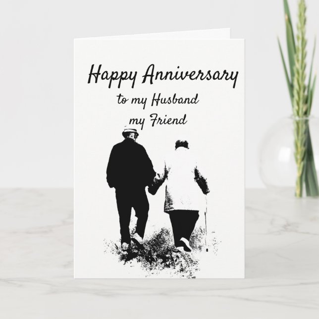 Tarjeta Aniversario: Pareja mayor anciana caminando con ma (Anverso)
