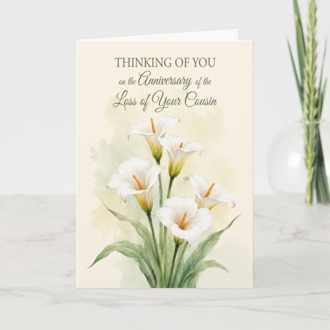 Tarjeta Aniversario Pérdida Primo Lirios de Calla Blancos (Anverso)