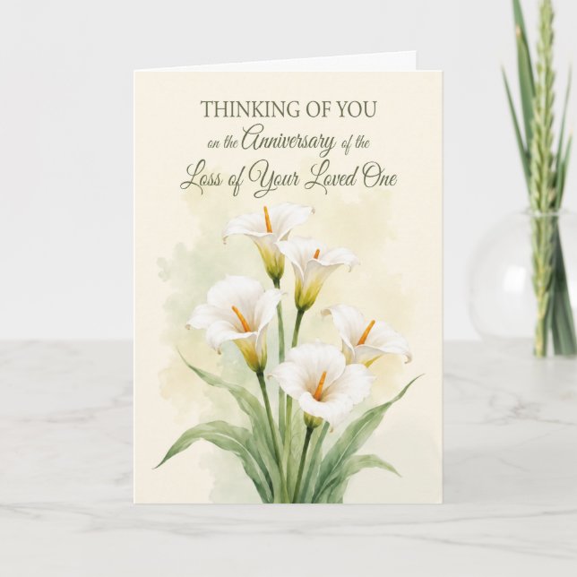 Tarjeta Aniversario Pérdida Ser Querido Lirios de Calla Bl (Anverso)