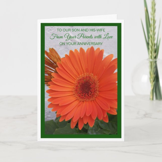 Tarjeta Aniversario Personalizado de Gerbera Hijo y Esposa (Anverso)
