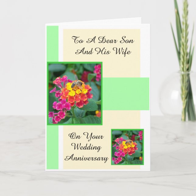 Tarjeta Aniversario Personalizado De Hijo Floral Y Esposa (Anverso)