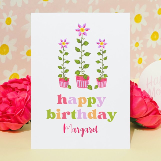 Tarjeta Aniversario personalizado de la floración floral d (Pastel colors and retro typography give this hand-illustrated birthday card a cute 1970s look.)