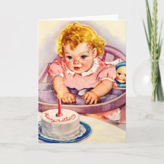 Tarjeta Aniversario retro feliz, pequeña niña linda