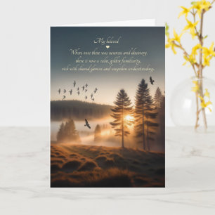 Tarjeta Aniversario Romántico Amanecer Pinos y Aves