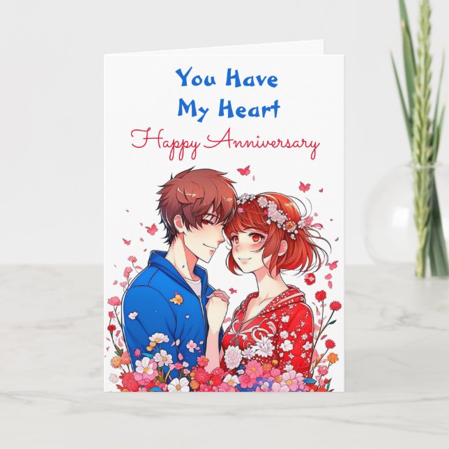 Tarjeta Aniversario romántico y lindo de pareja de anime (Anverso)