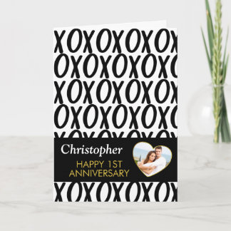 Tarjeta Aniversario XOXO abrazos besos foto blanca negra