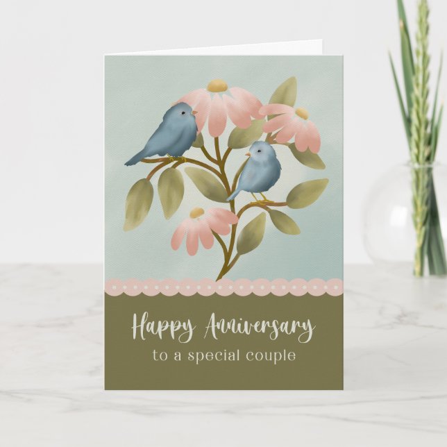 Tarjeta Anniversary to a Special Couple Floral Blue Bird  (Anverso)